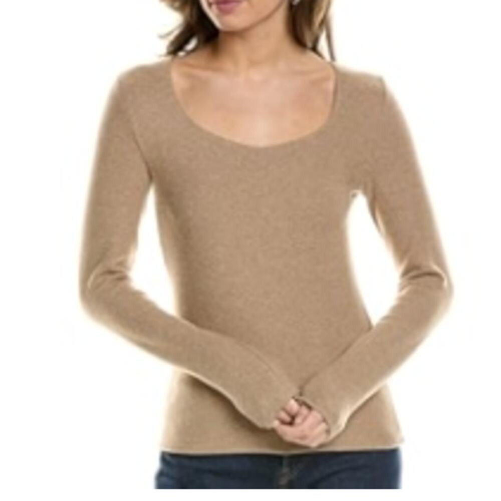 Vince Women's Long Sleeve Cozy Scoop Neck Top Large Tan Brown